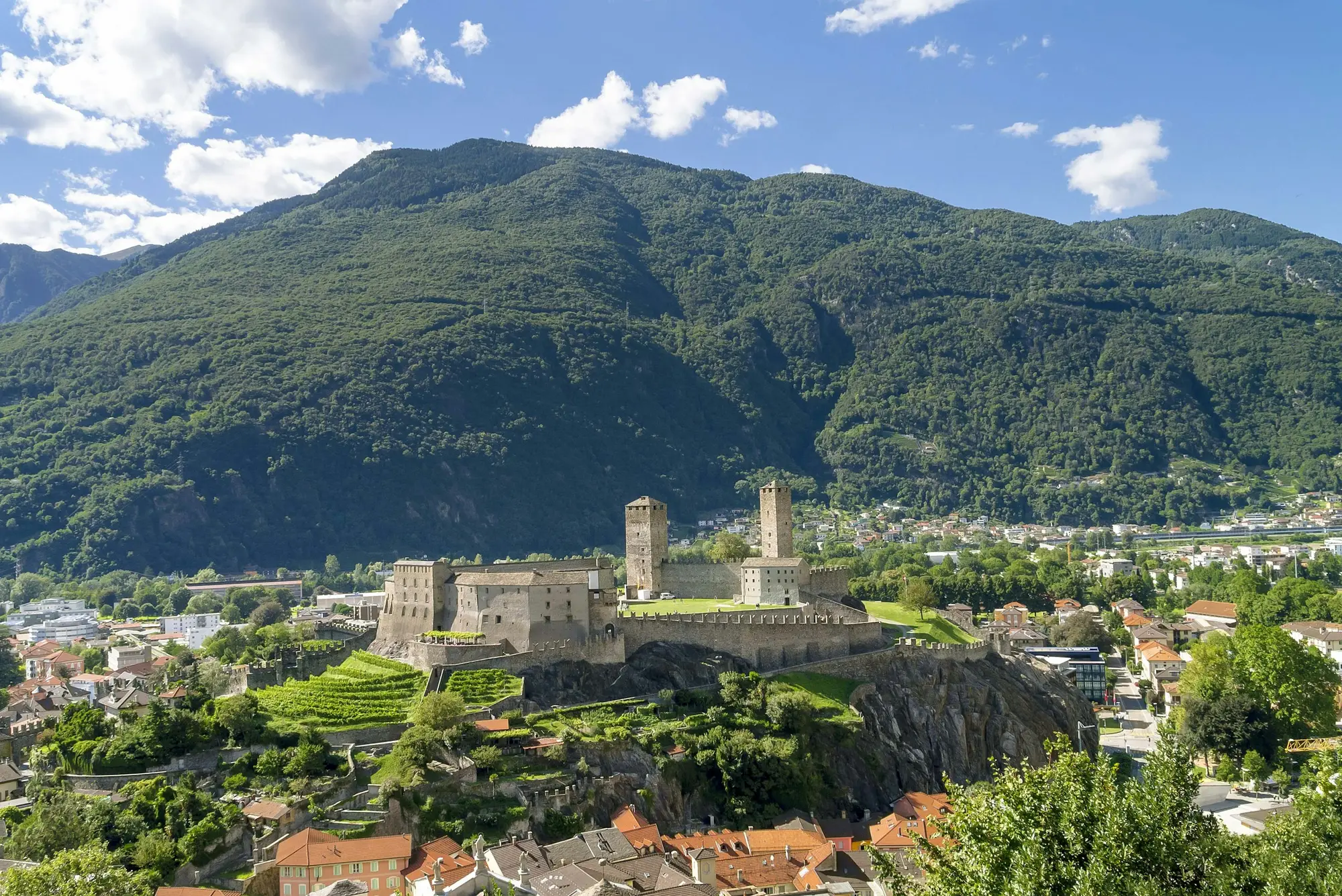 Castelgrande on its rock above Bellinzona, with the town and the wooded valley behind.