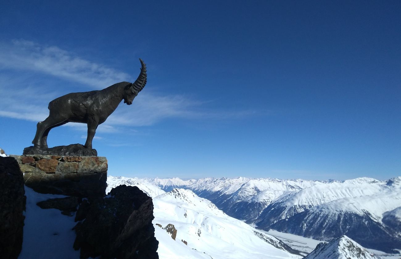 Bronze statue of an ibex on a stone plinth at the summit of Piz Nair, above the snow-covered Engadine.